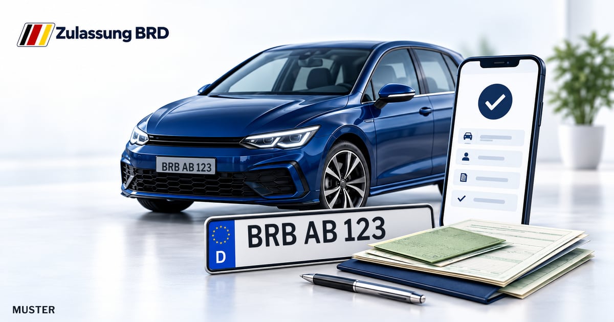 Online Fahrzeugzulassung in Brandenburg an der Havel: Musterkennzeichen BRB AB 123, Auto und Fahrzeugpapiere und Smartphone. Illustration mit Logo von Zulassung BRD.